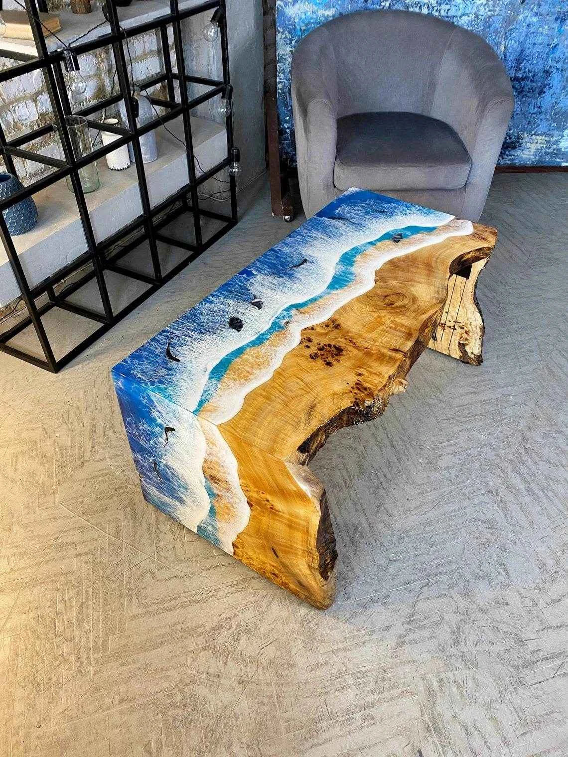 Curvy Ocean Wooden Resin Coffee Table | Elegant Epoxy resin art table for Home Decor - Pacific Resin Art