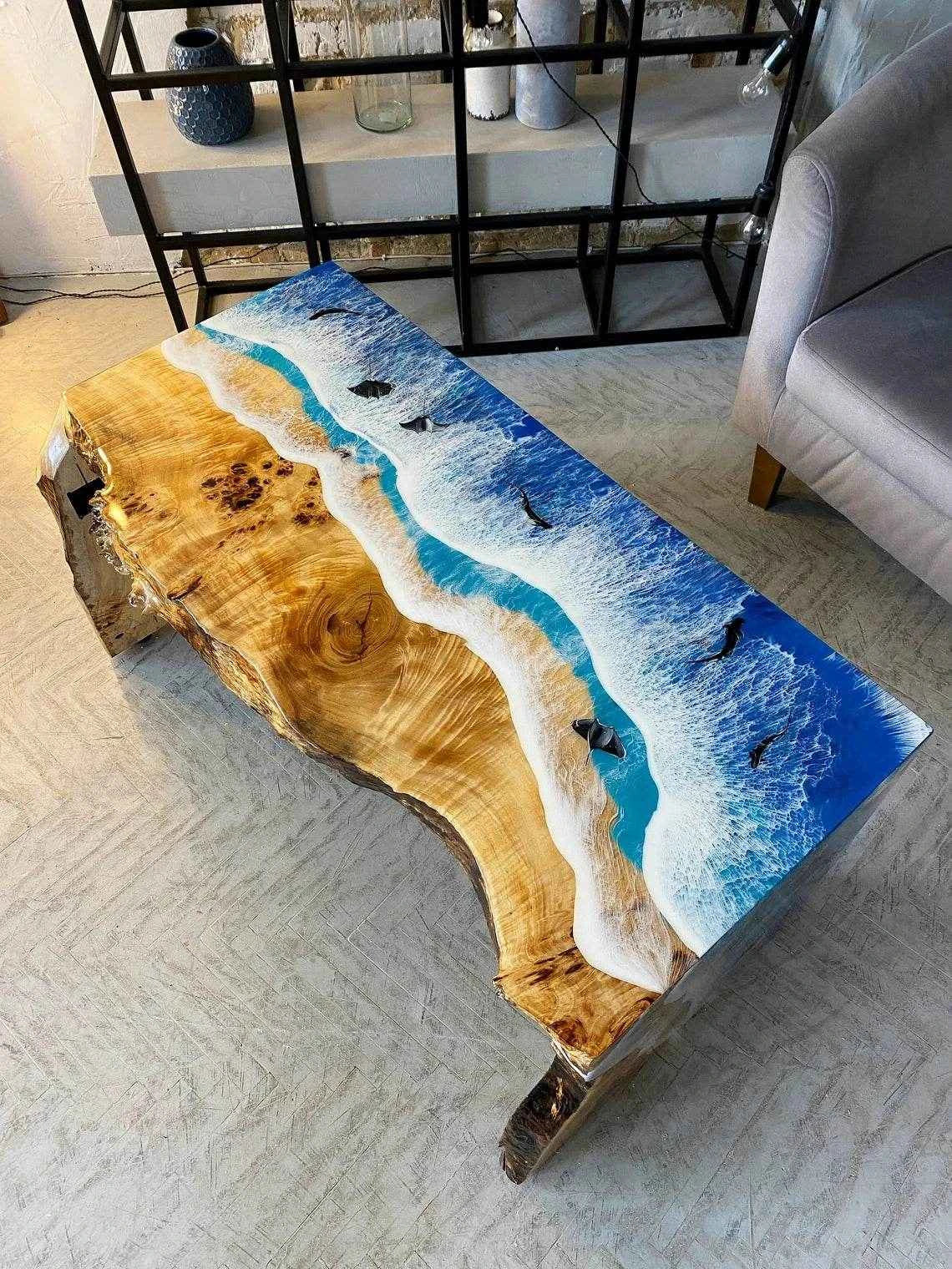 Curvy Ocean Wooden Resin Coffee Table | Elegant Epoxy resin art table for Home Decor - Pacific Resin Art