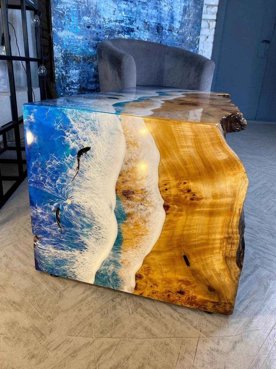 Curvy Ocean Wooden Resin Coffee Table | Elegant Epoxy resin art table for Home Decor - Pacific Resin Art