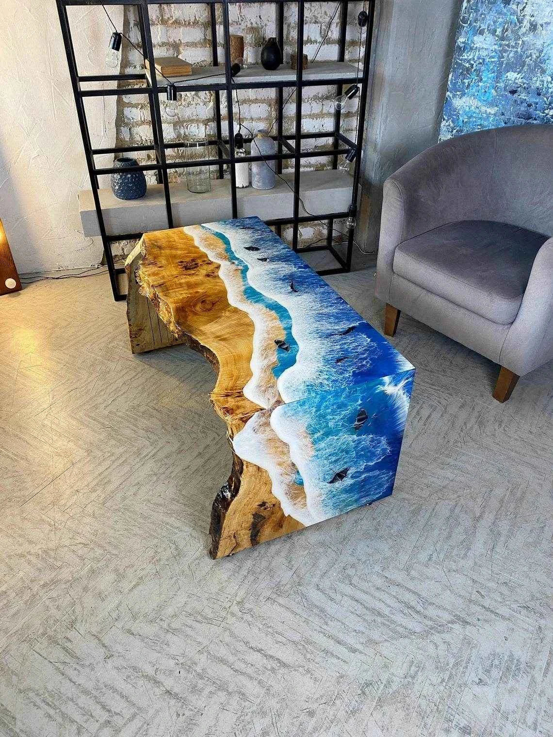 Curvy Ocean Wooden Resin Coffee Table | Elegant Epoxy resin art table for Home Decor - Pacific Resin Art