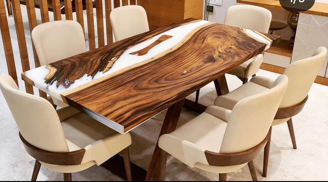 White Epoxy resin art Dining table without stand