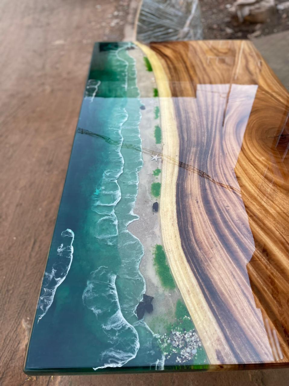 Green ocean resin art table for home