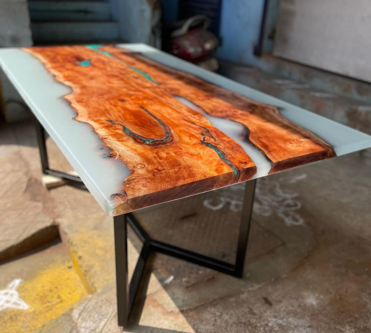 Epoxy White resin art Dining table without stand
