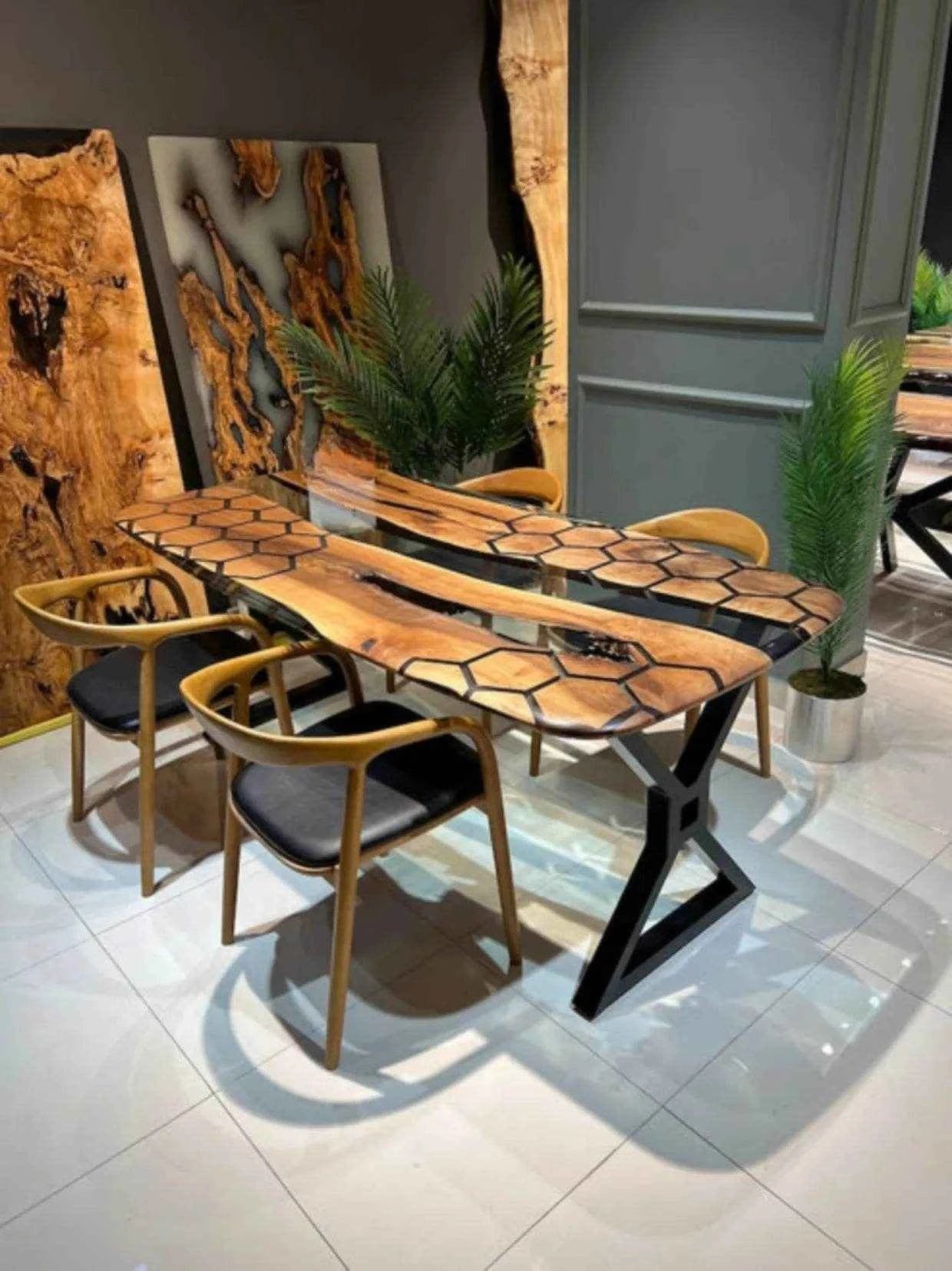 Hexagonal Wooden Epoxy Resin Dining Table with legs - Pacific Resin Art