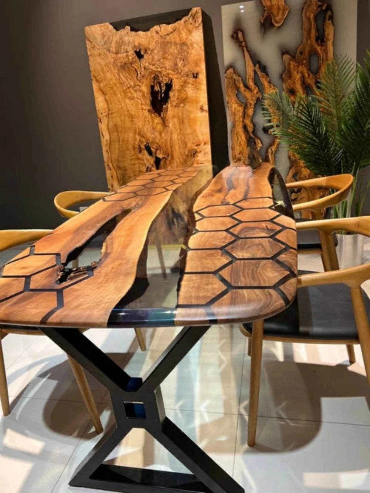 Hexagonal Wooden Epoxy Resin Dining Table with legs - Pacific Resin Art