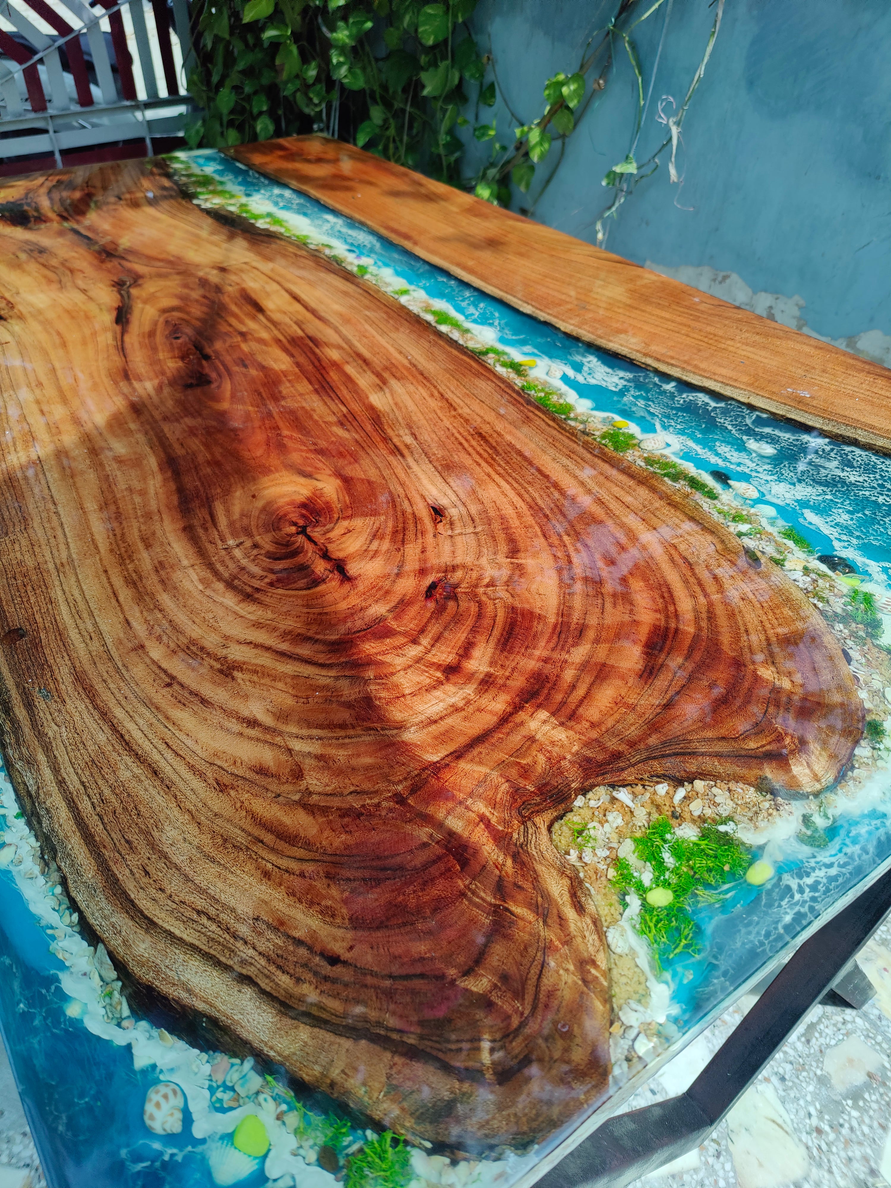 River Epoxy resin art Dining table blue ocean theme without stand