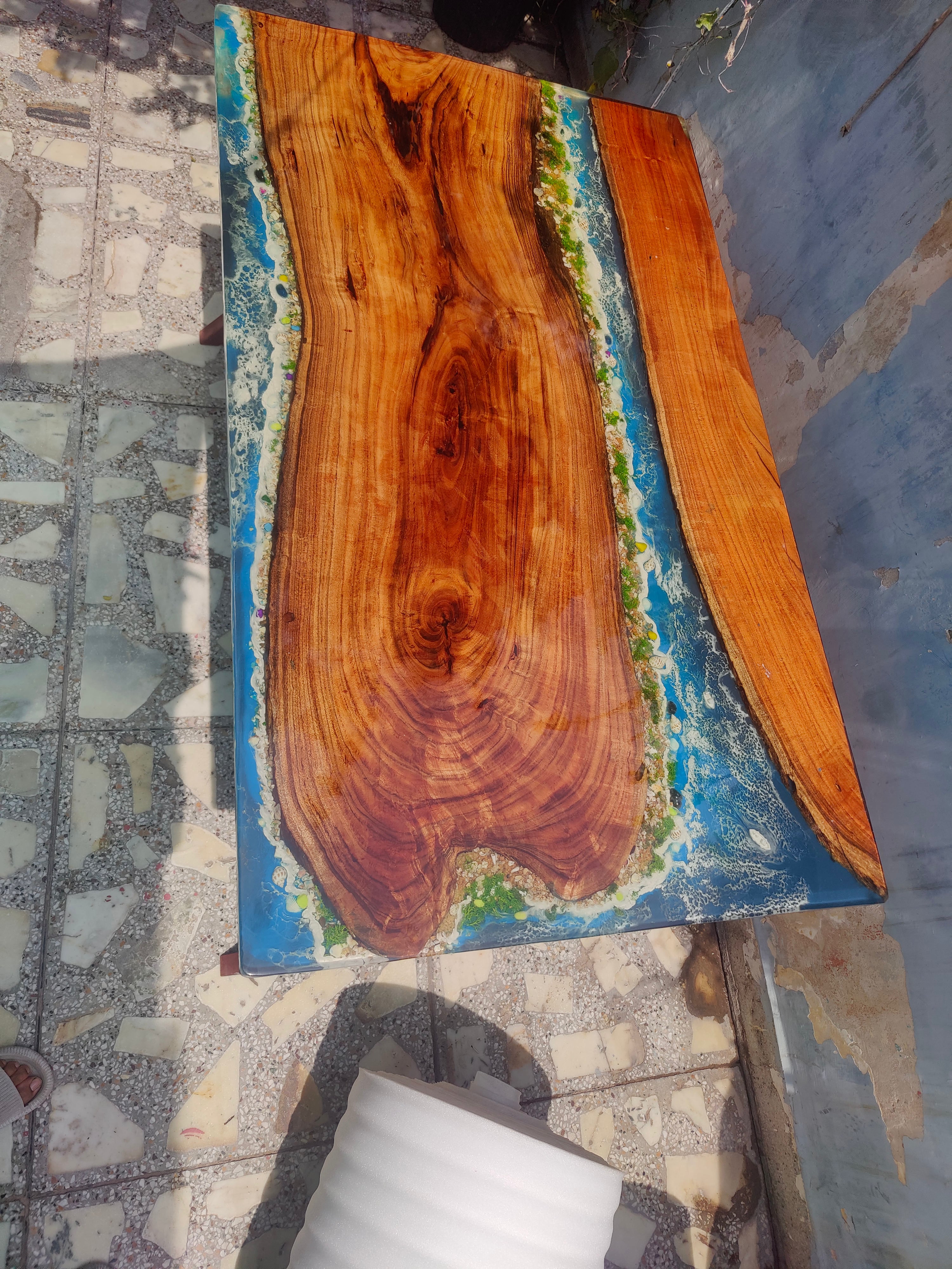 River Epoxy resin art Dining table blue ocean theme without stand