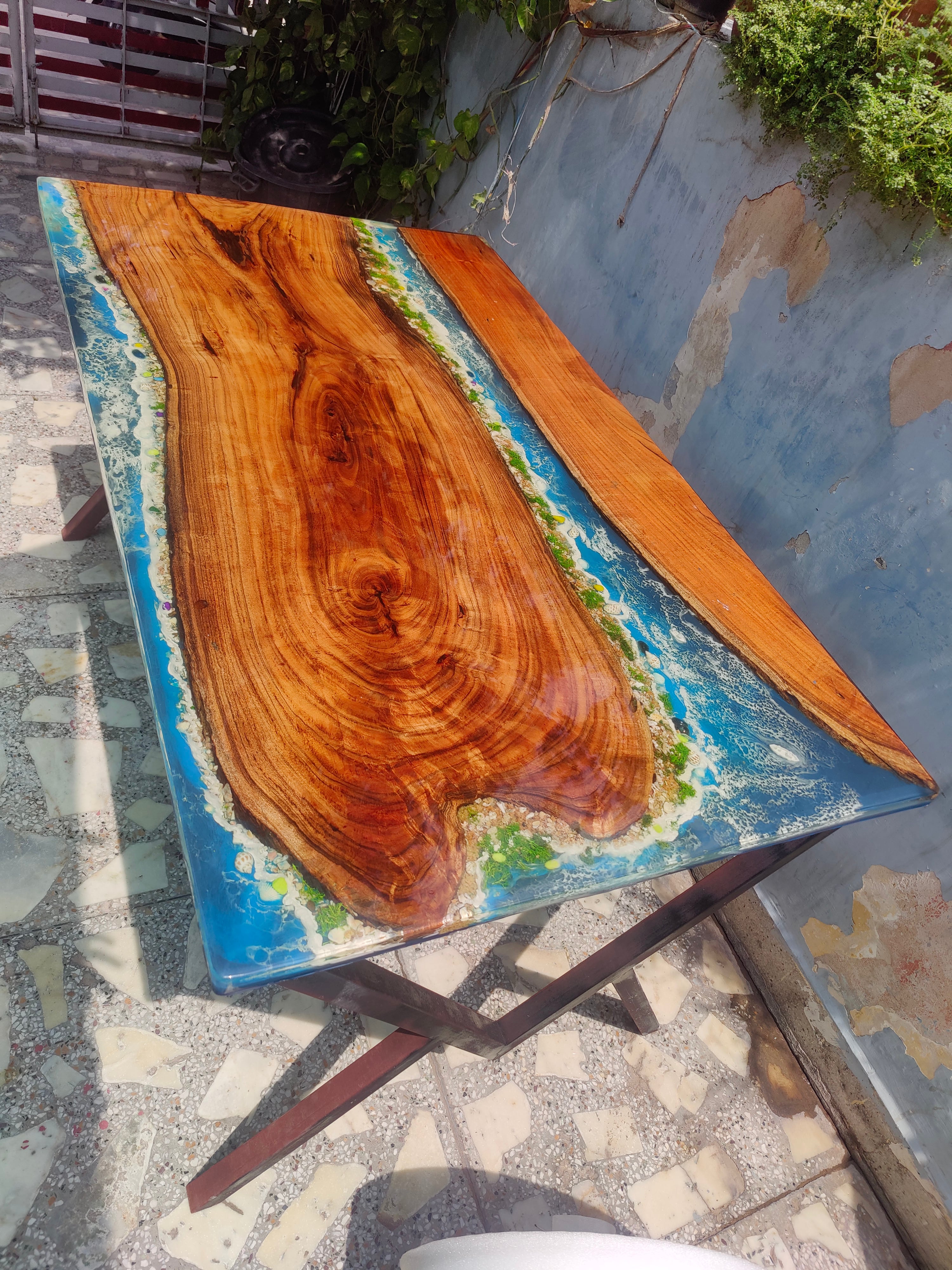 River Epoxy resin art Dining table blue ocean theme without stand