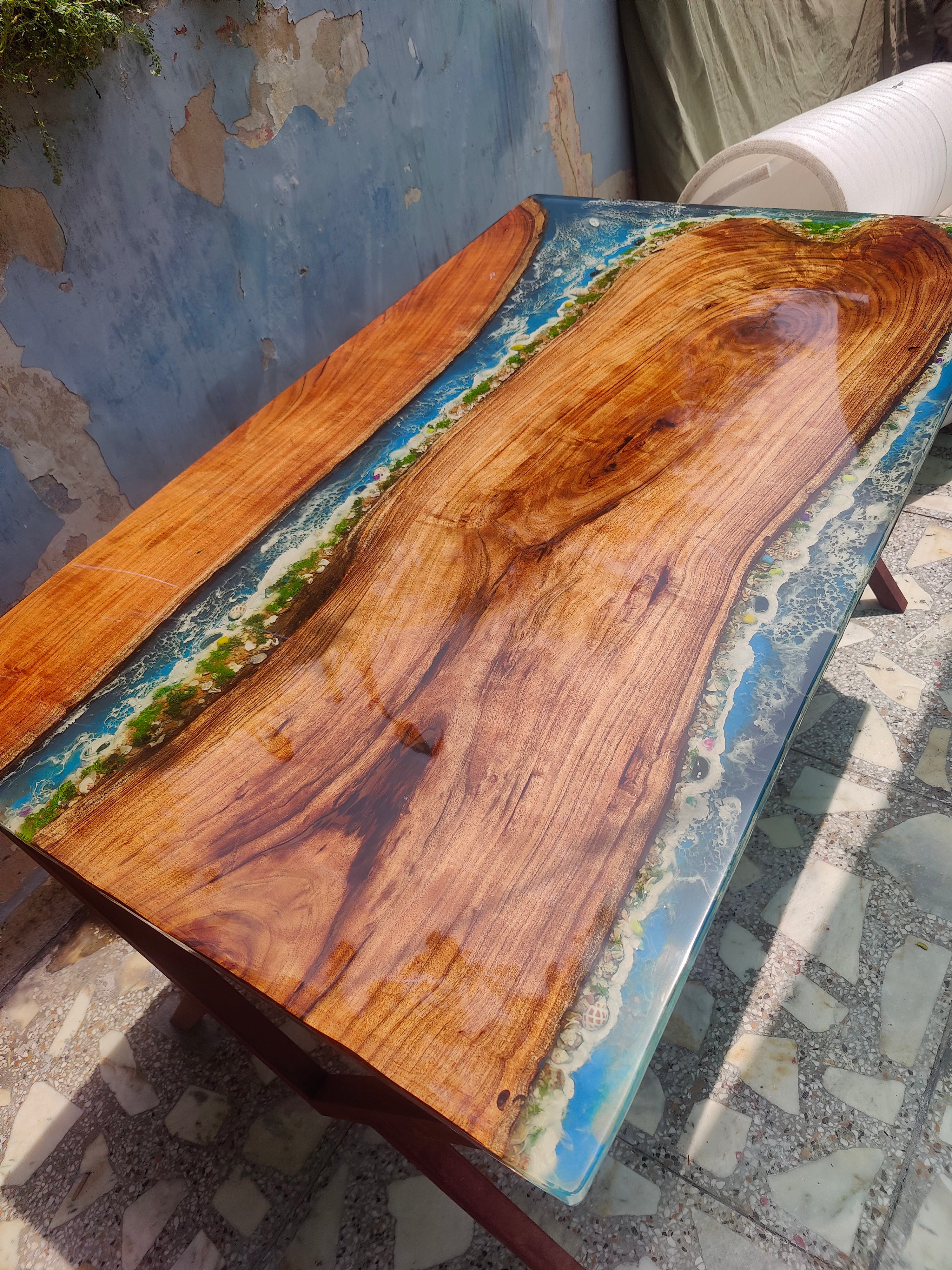 River Epoxy resin art Dining table blue ocean theme without stand