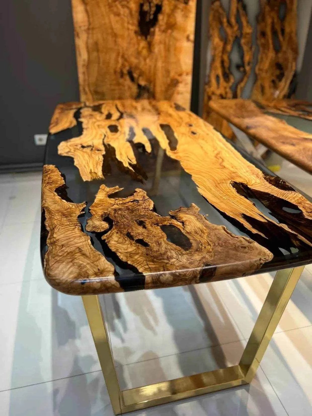 Ink Black Translucent Resin Dining table | Modern Wooden Dining Table with legs - Pacific Resin Art