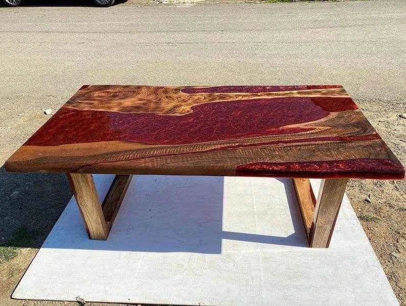 Red Ocean Wooden resin dining table | Elegant Resin Art Dining Table For Home Decor - Pacific Resin Art