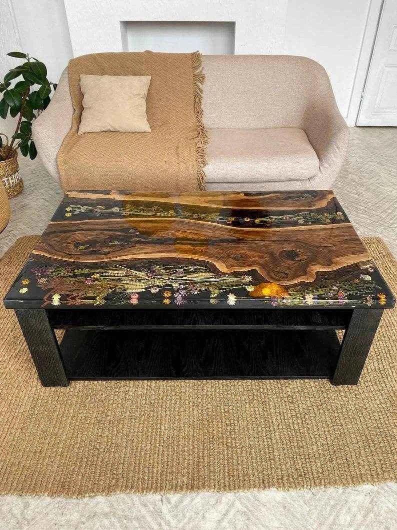 Black Floral Resin Dining table | Stylish Epoxy Resin Dining Table with legs - Pacific Resin Art