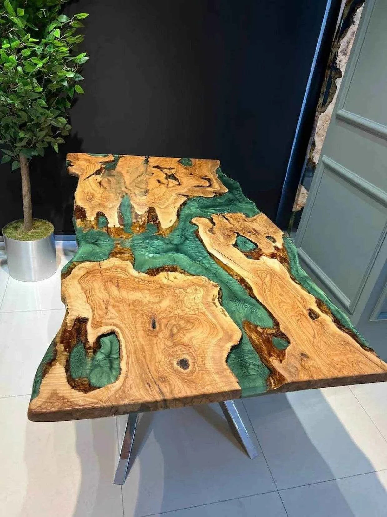 Curvy Green Pearl Resin Dining Table | Unique Dining Furniture with legs - Pacific Resin Art