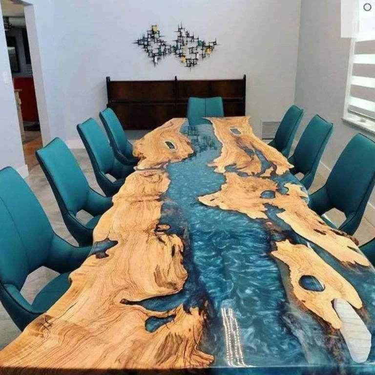 Blue Pearl Curvy Resin Dining table | Elegant Resin Dining Table with legs - Pacific Resin Art