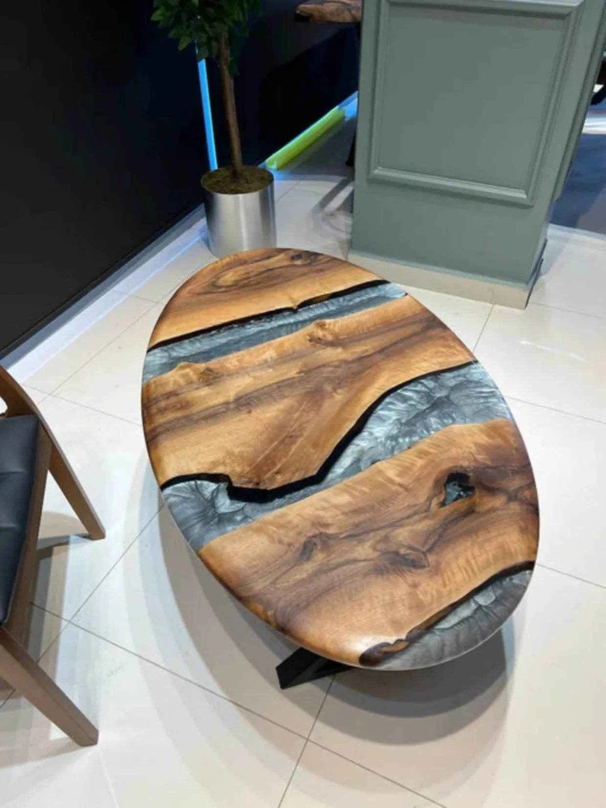 Oval Grey Wooden Resin Coffee table | Modern Center Table with legs - Pacific Resin Art