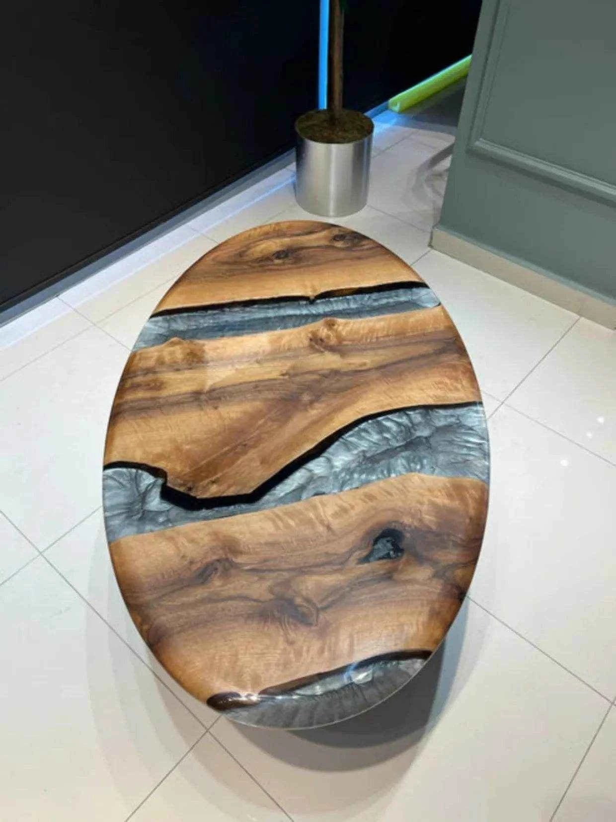Oval Grey Wooden Resin Coffee table | Modern Center Table with legs - Pacific Resin Art