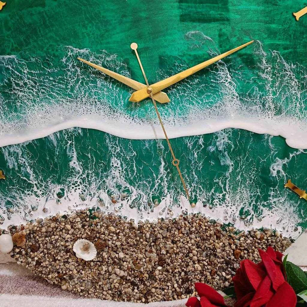 Green Beach Resin Wall Clock | Elegant Epoxy Wall Clock - Pacific Resin Art