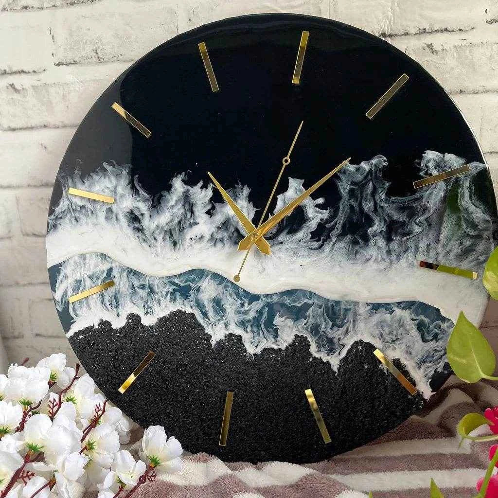 Black Beach Epoxy Resin Wall Clock | Premium Clocks For Decor - Pacific Resin Art