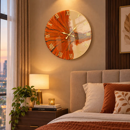 Orange & Gold Abstract Resin Wall Clock | Artistic Statement