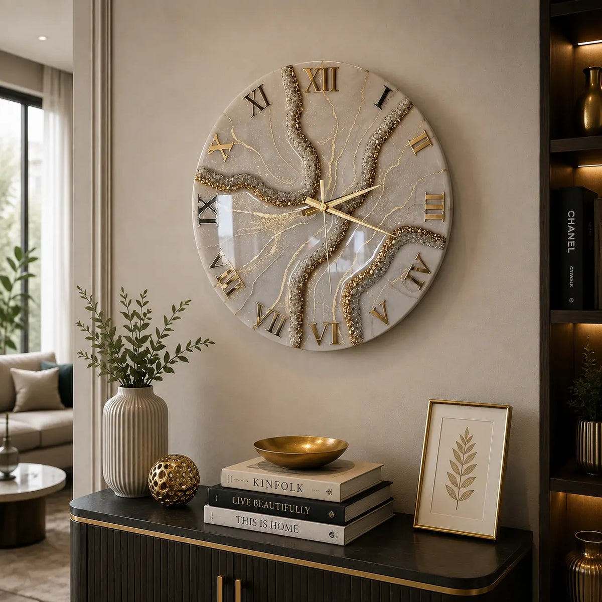 Offwhite Golden Geode Resin Wall Clock