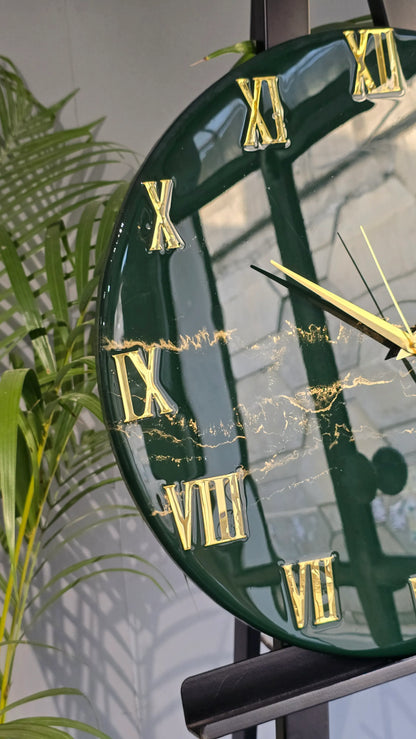 Emerald Green & Gold Resin Wall Clock | Luxury Elegance