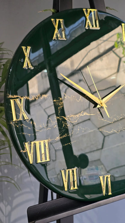 Emerald Green & Gold Resin Wall Clock | Luxury Elegance