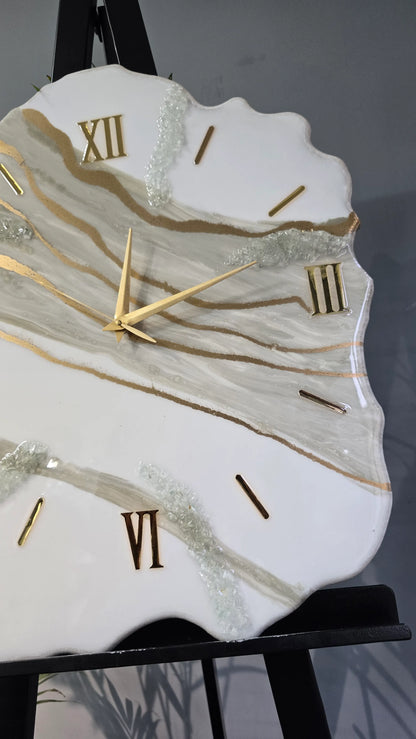 White Marble & Gold Resin Wall Clock | Luxury Elegance