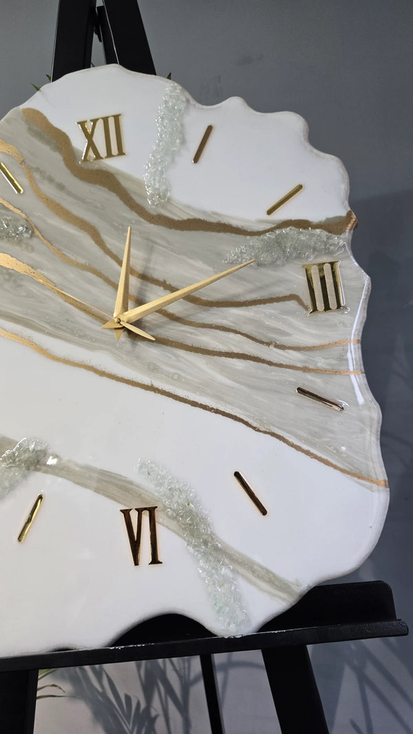 White Marble & Gold Resin Wall Clock | Luxury Elegance