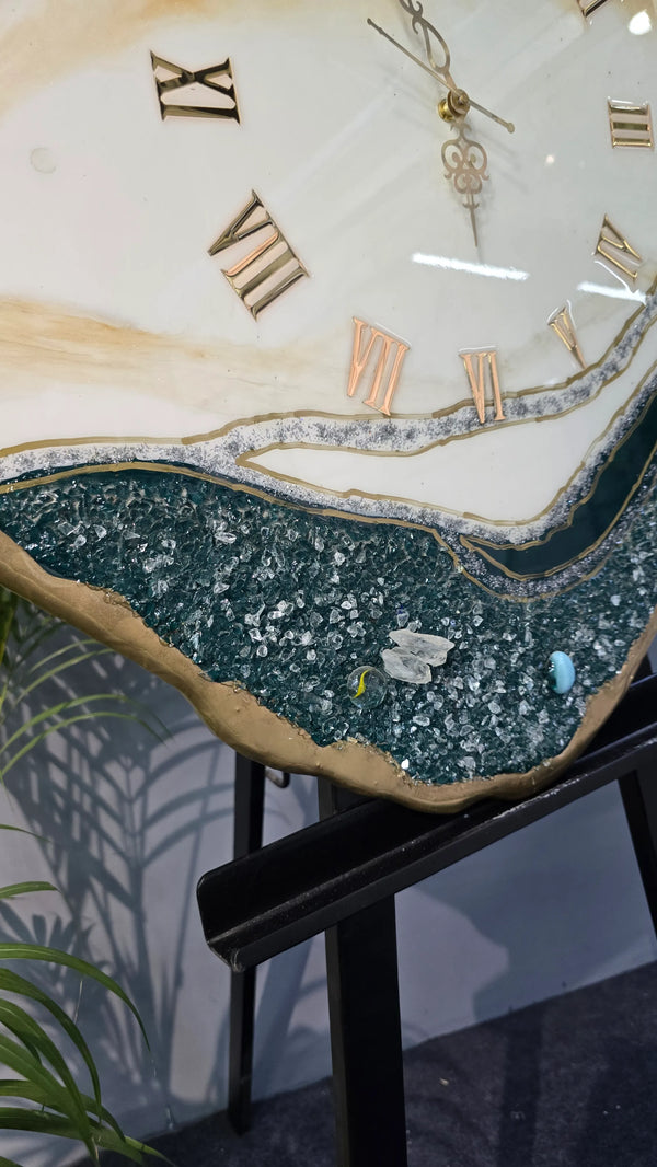 Emerald Agate & Gold Resin Wall Clock | Natural Luxury