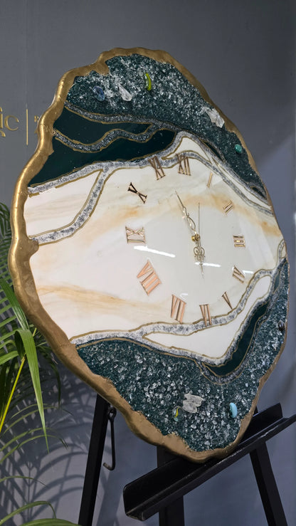 Emerald Agate & Gold Resin Wall Clock | Natural Luxury