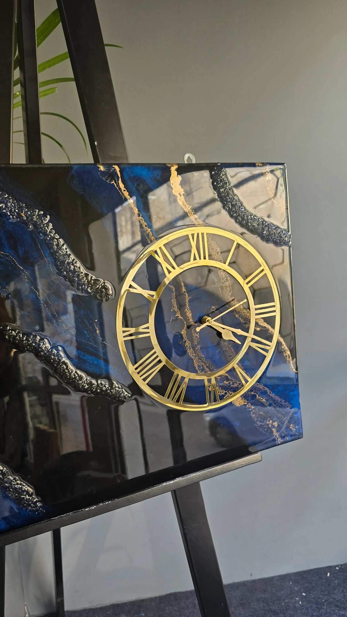 Blue & Black Luxury Resin Wall Clock | Gold Roman Dial
