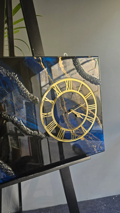 Blue & Black Luxury Resin Wall Clock | Gold Roman Dial