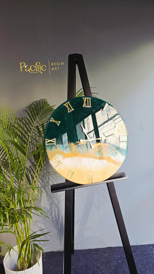 Emerald & Gold Abstract Resin Wall Clock | Luxury Statement