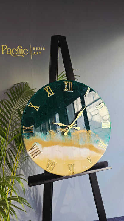 Emerald & Gold Abstract Resin Wall Clock | Luxury Statement
