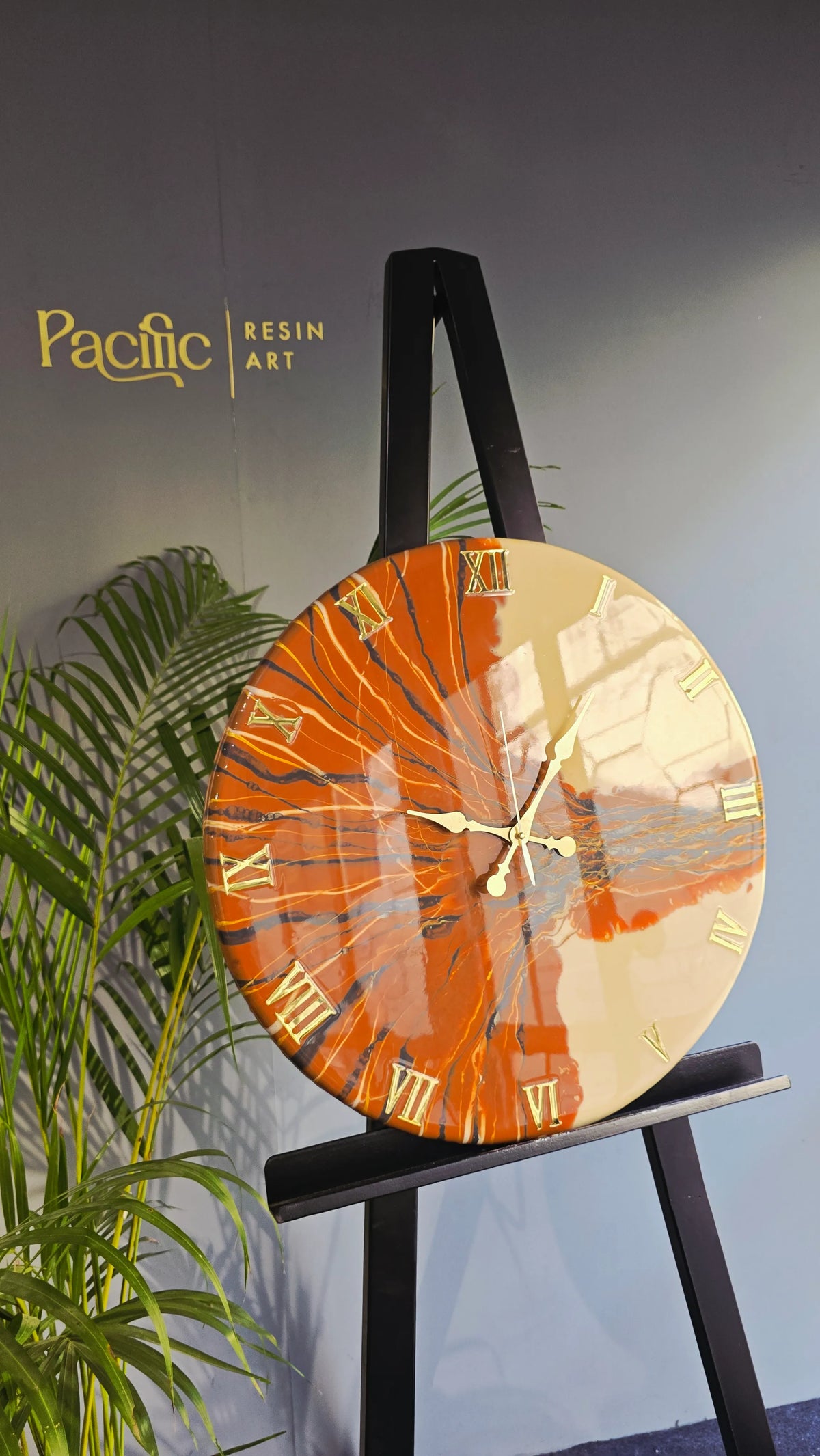 Orange & Gold Abstract Resin Wall Clock | Artistic Statement