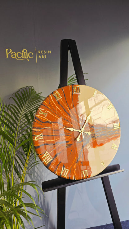 Orange & Gold Abstract Resin Wall Clock | Artistic Statement