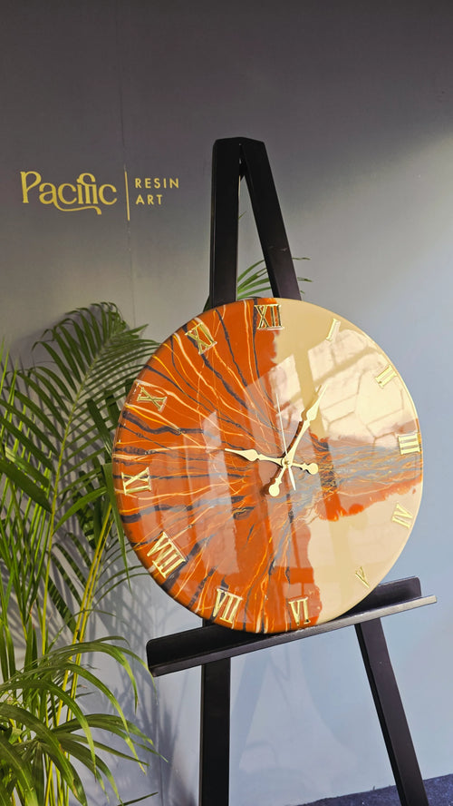 Orange & Gold Abstract Resin Wall Clock | Artistic Statement
