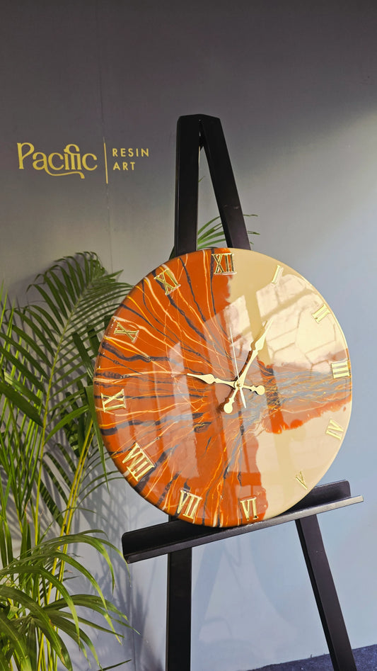 Orange & Gold Abstract Resin Wall Clock | Artistic Statement