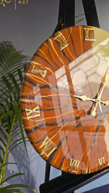 Orange & Gold Abstract Resin Wall Clock | Artistic Statement