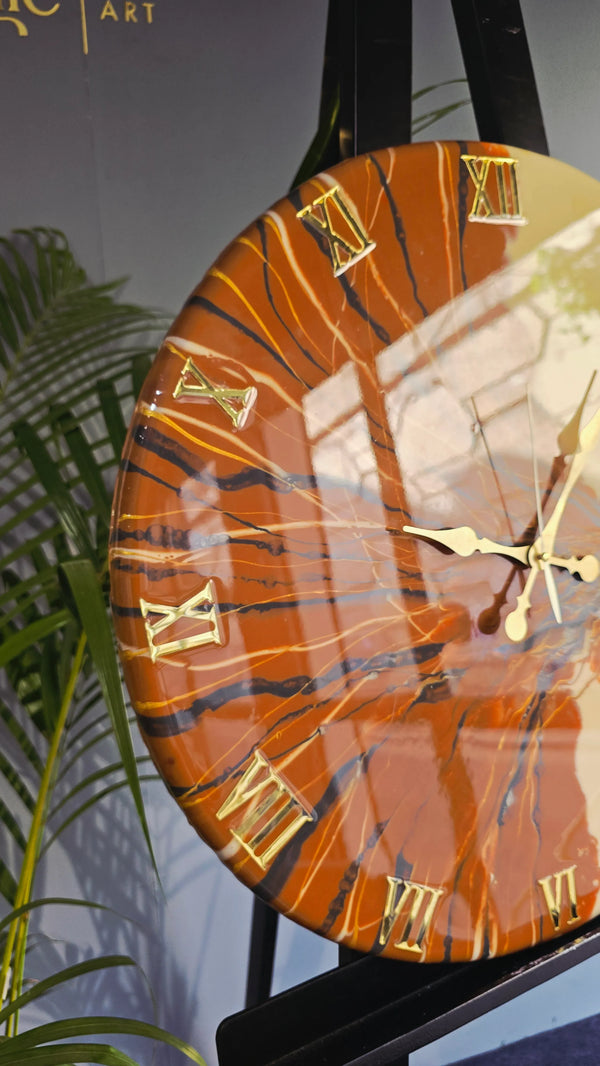Orange & Gold Abstract Resin Wall Clock | Artistic Statement