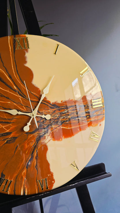 Orange & Gold Abstract Resin Wall Clock | Artistic Statement