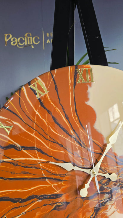 Orange & Gold Abstract Resin Wall Clock | Artistic Statement