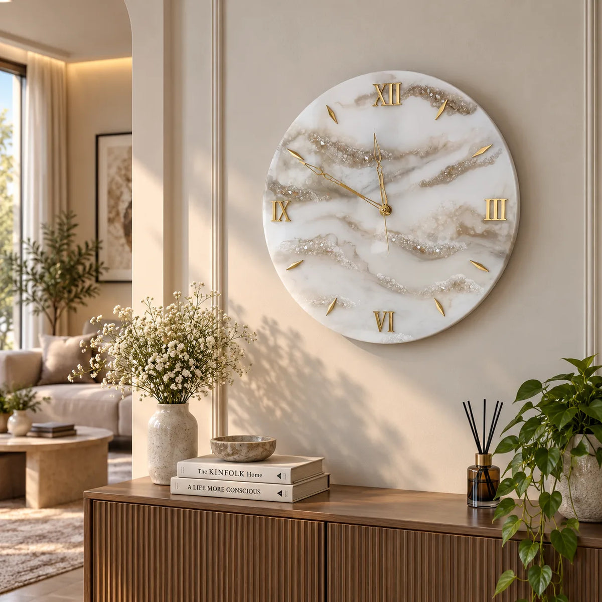 Creamy White Stone Resin Wall Clock | Unique Home Decor