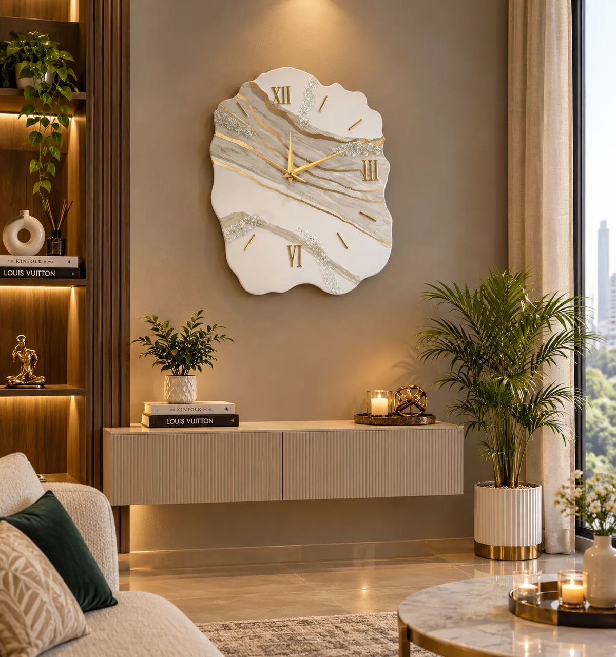 White Marble & Gold Resin Wall Clock | Luxury Elegance