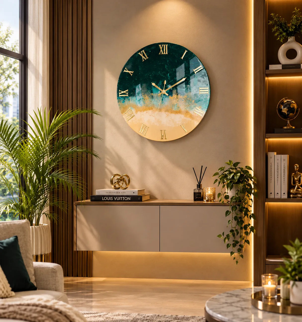 Emerald & Gold Abstract Resin Wall Clock | Luxury Statement