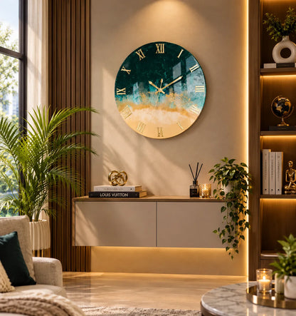 Emerald & Gold Abstract Resin Wall Clock | Luxury Statement