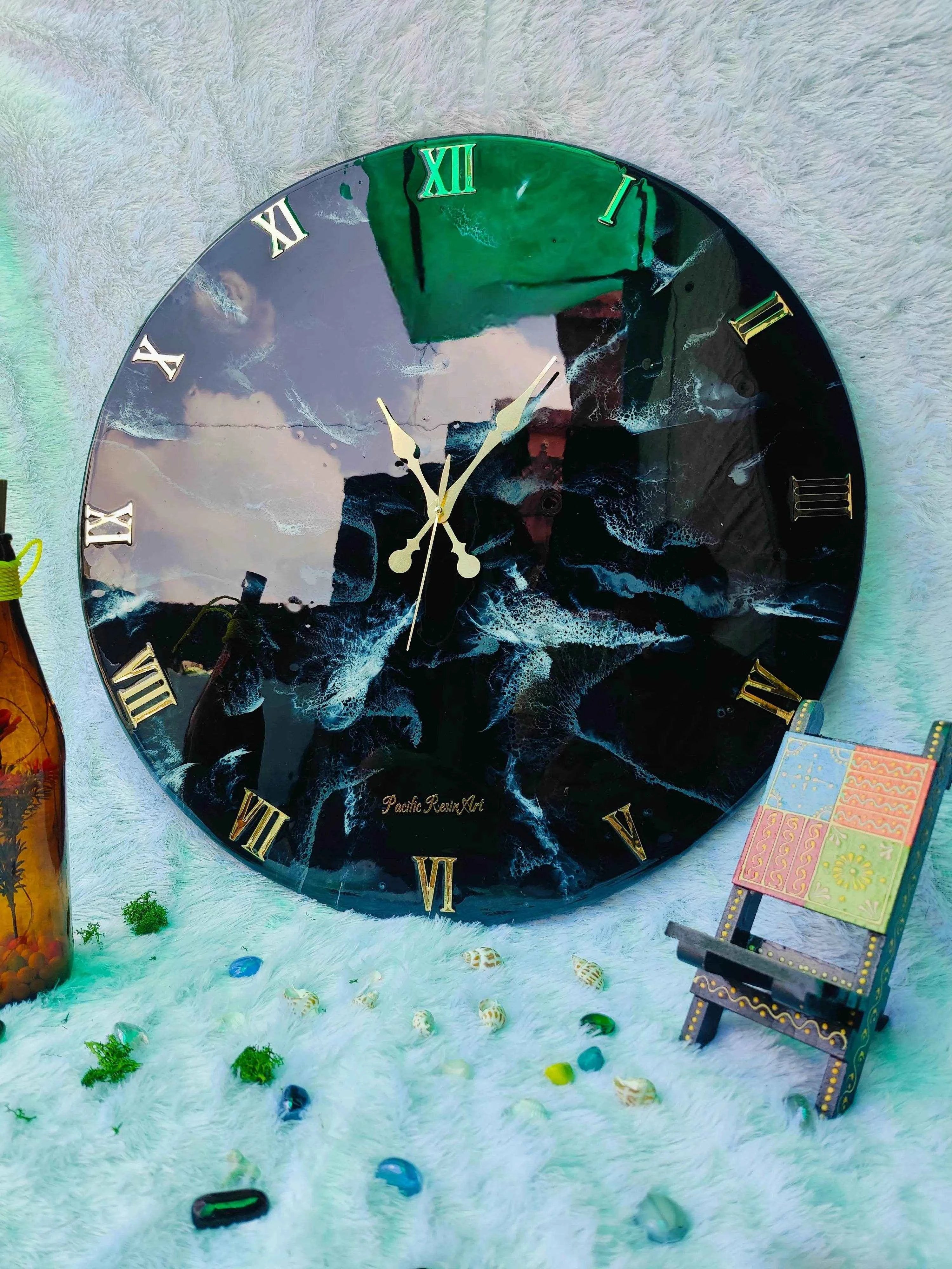 Black Marble Resin Wall Clock | Unique Epoxy Art Decor - Pacific Resin Art