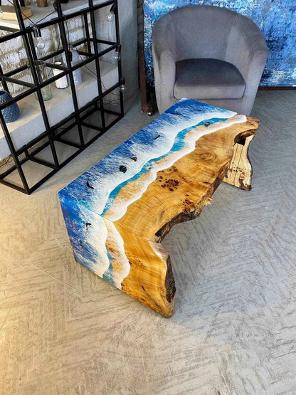 Curvy Ocean Wooden Resin Coffee Table | Elegant Epoxy resin art table for Home Decor - Pacific Resin Art