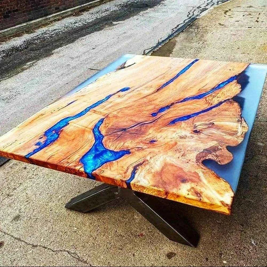 Shiny Blue Wooden Resin Dining table | Modern Dining Tables with legs - Pacific Resin Art