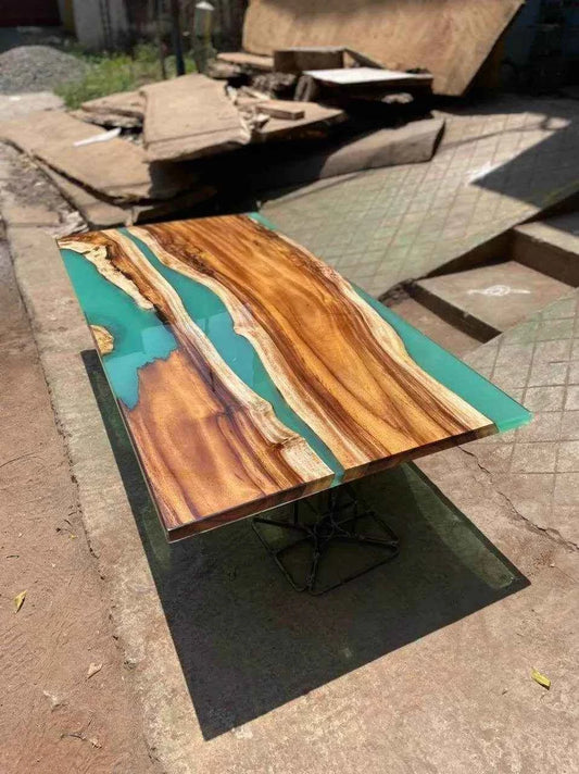 Cyan Blue Resin Dining table | Wooden Dining Furniture with legs - Pacific Resin Art